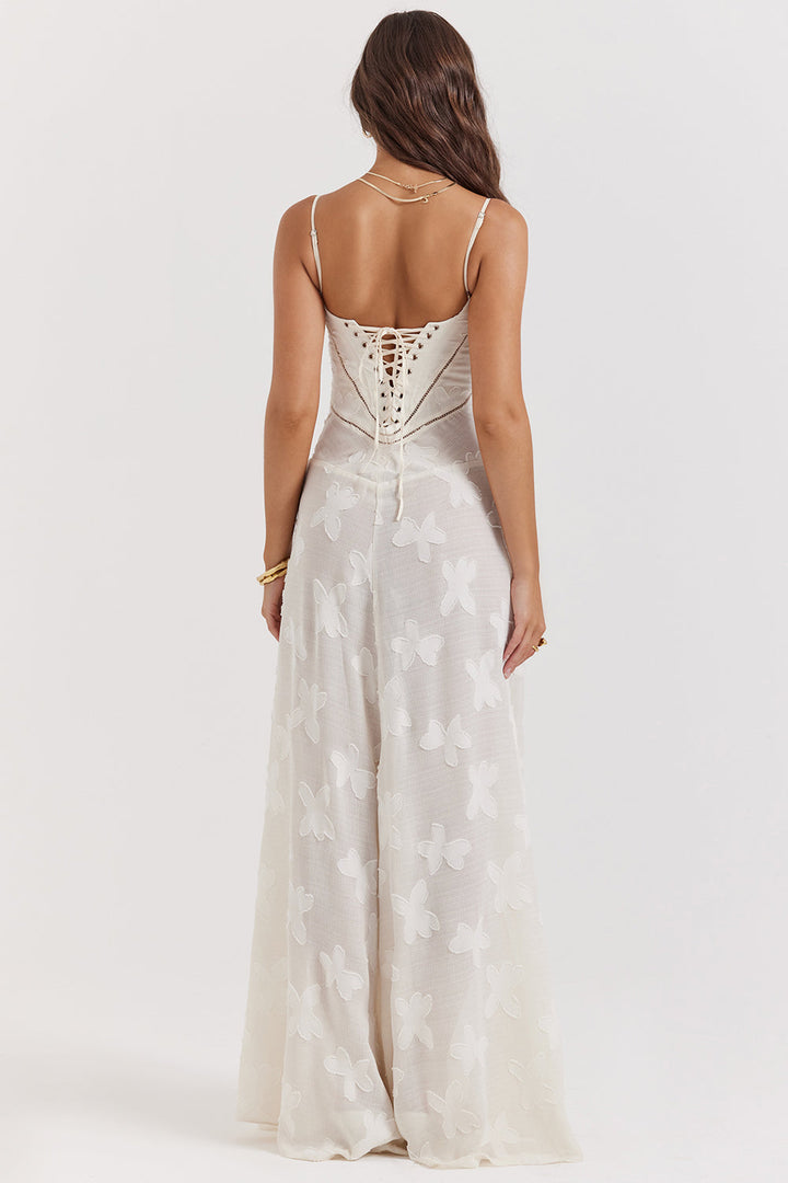 Vintage Cremefarbenes Maxikleid aus Spitze für Damen – Elegant und fließend