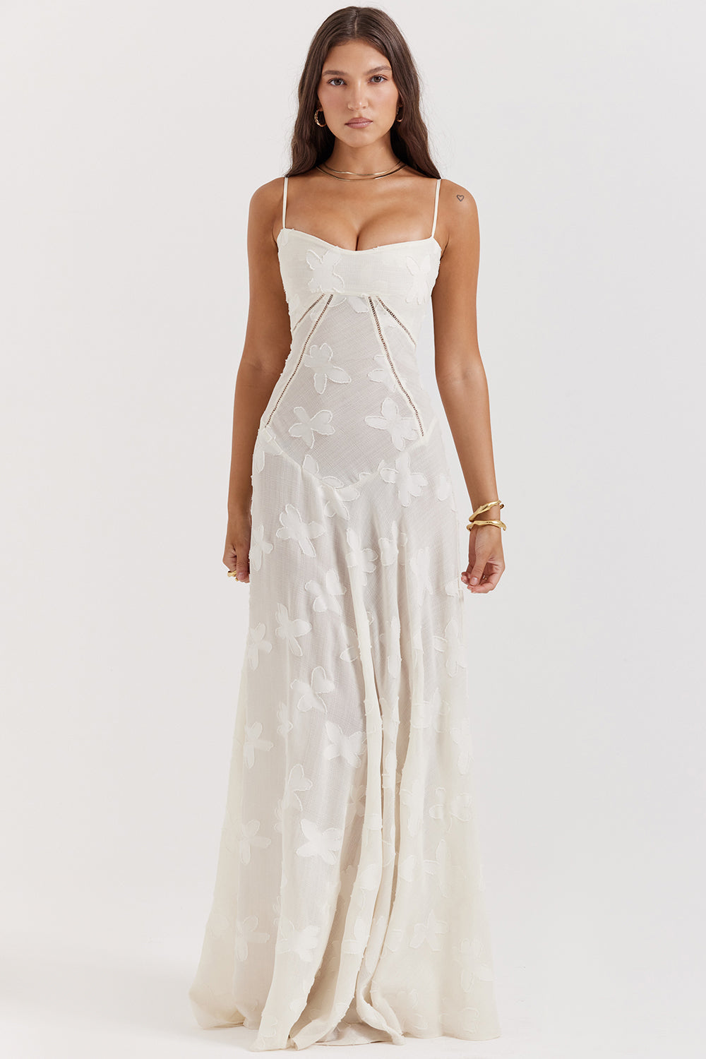 Vintage Cremefarbenes Maxikleid aus Spitze für Damen – Elegant und fließend