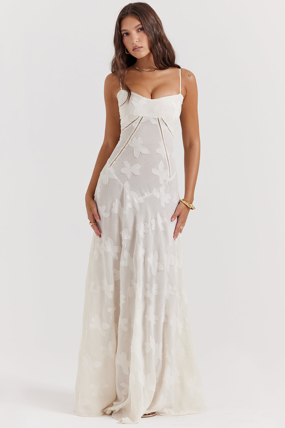 Vintage Cremefarbenes Maxikleid aus Spitze für Damen – Elegant und fließend