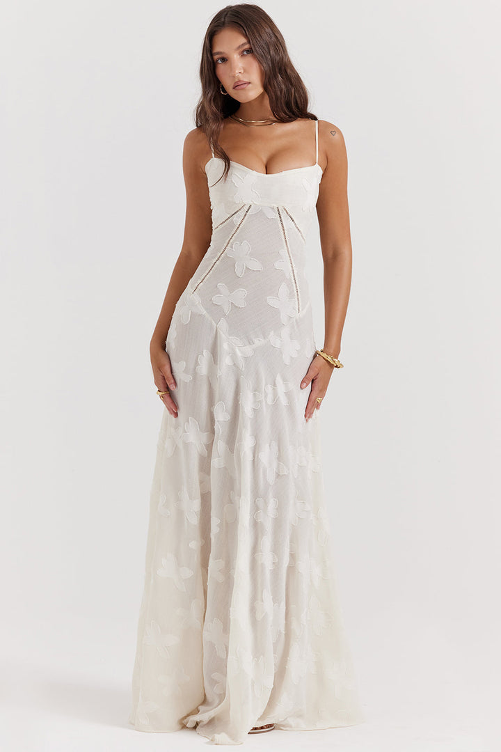 Vintage Cremefarbenes Maxikleid aus Spitze für Damen – Elegant und fließend