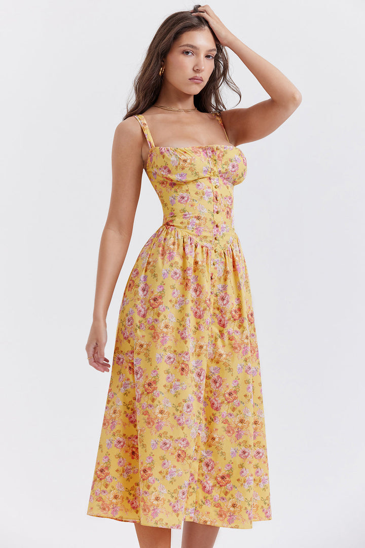 Damen-Midikleid aus Viskose mit Blumenmuster und V-Ausschnitt