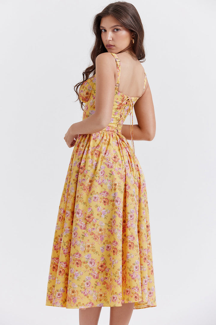 Damen-Midikleid aus Viskose mit Blumenmuster und V-Ausschnitt