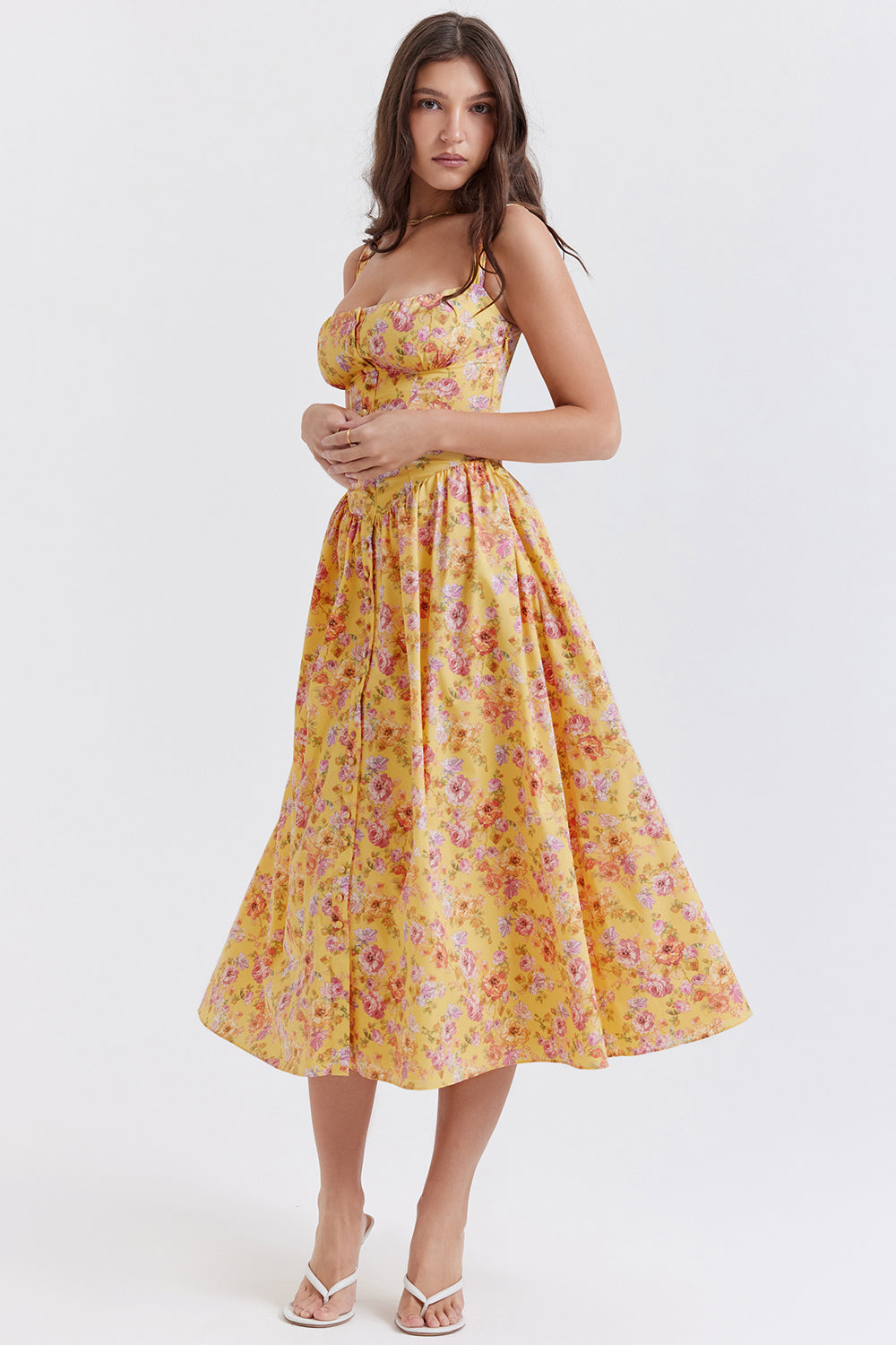 Damen-Midikleid aus Viskose mit Blumenmuster und V-Ausschnitt