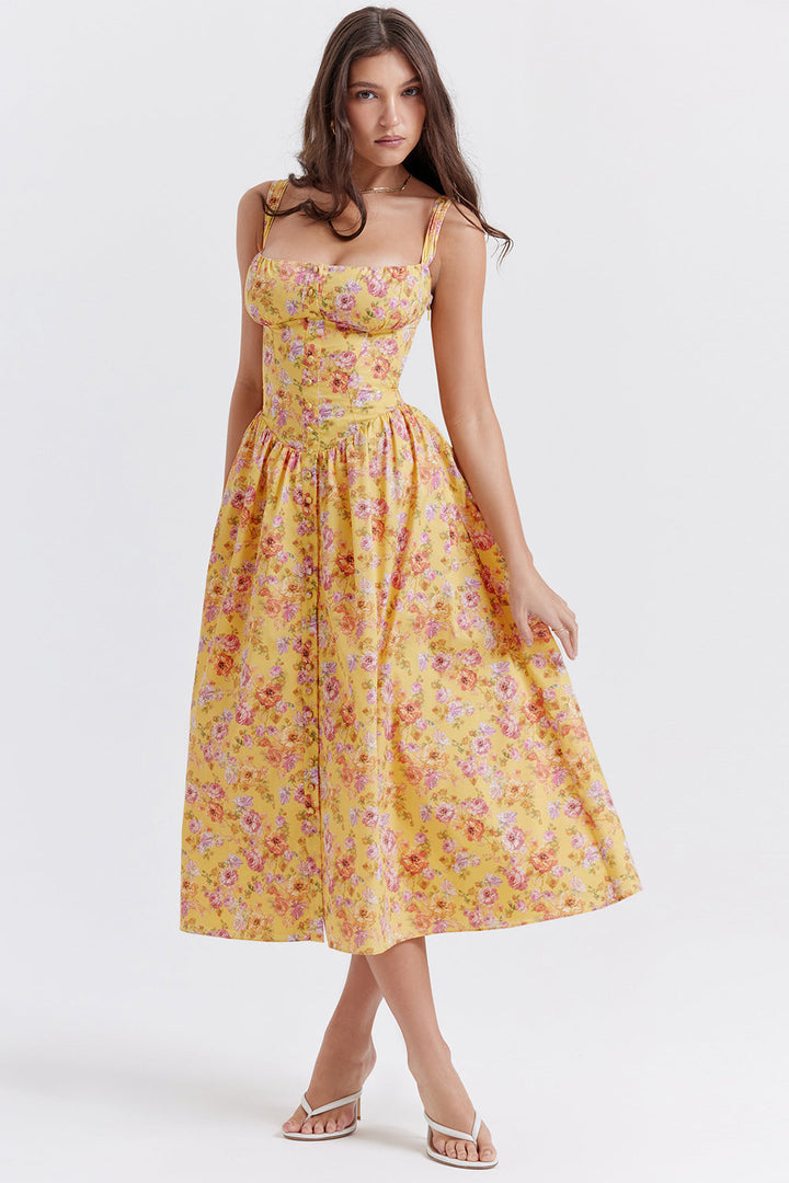 Damen-Midikleid aus Viskose mit Blumenmuster und V-Ausschnitt