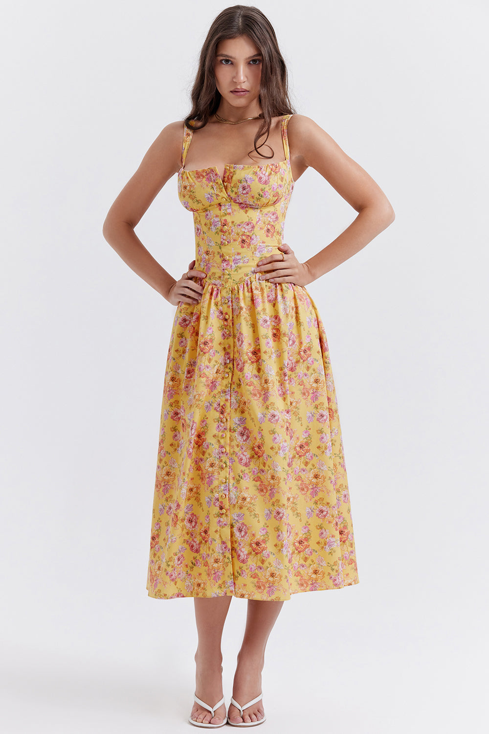 Damen-Midikleid aus Viskose mit Blumenmuster und V-Ausschnitt