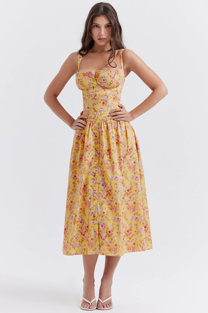 Damen-Midikleid aus Viskose mit Blumenmuster und V-Ausschnitt