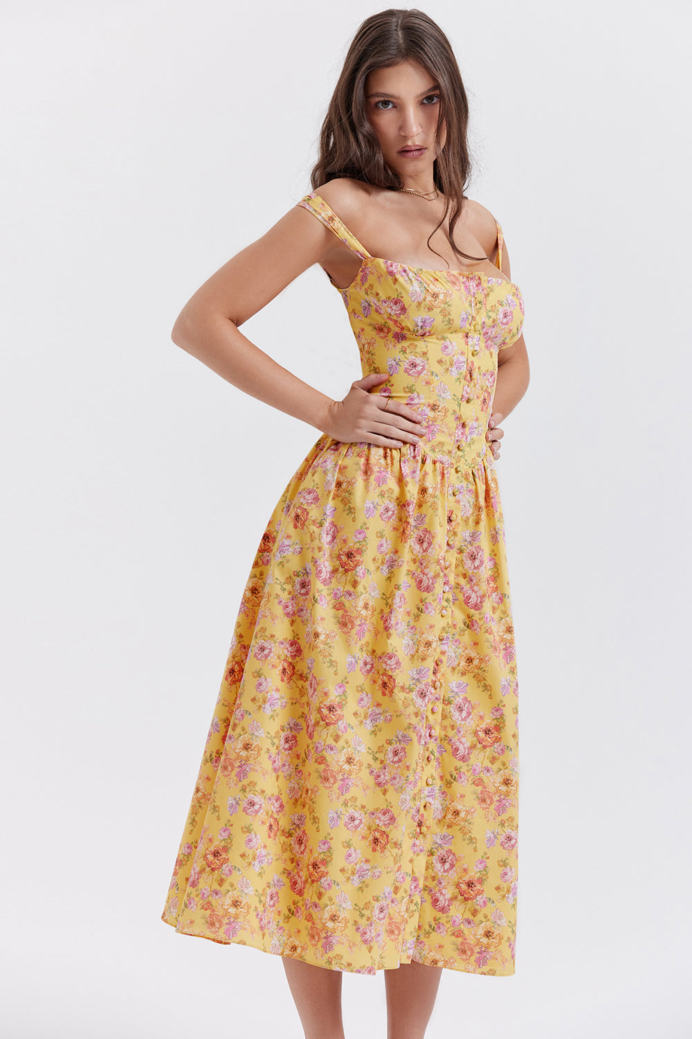 Damen-Midikleid aus Viskose mit Blumenmuster und V-Ausschnitt