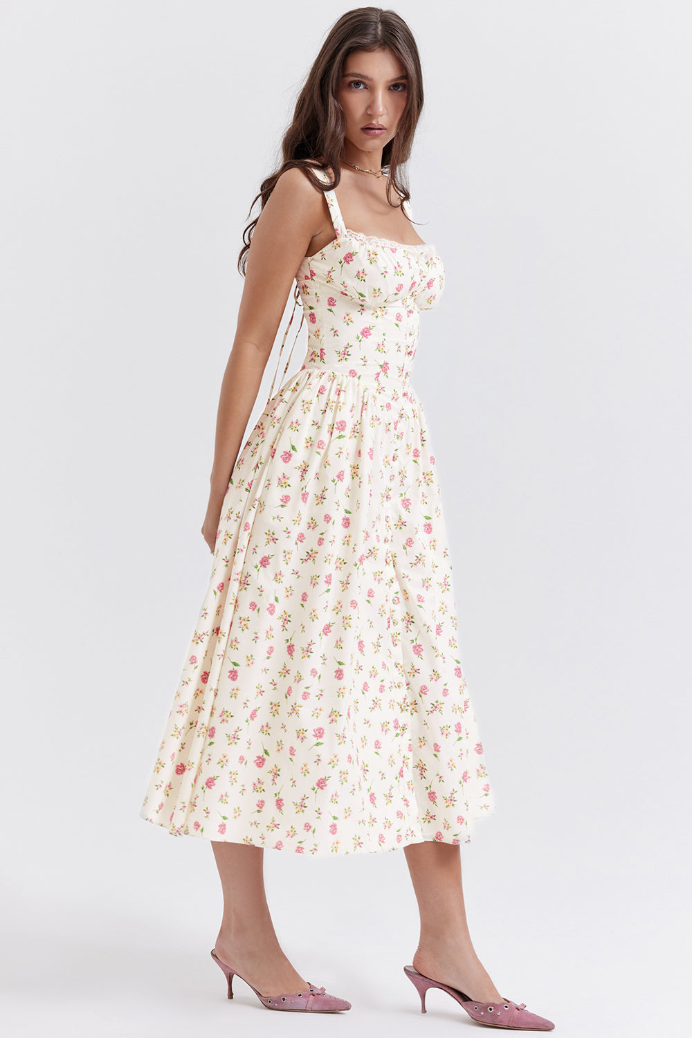Damen-Midikleid aus Viskose mit Blumenmuster und V-Ausschnitt