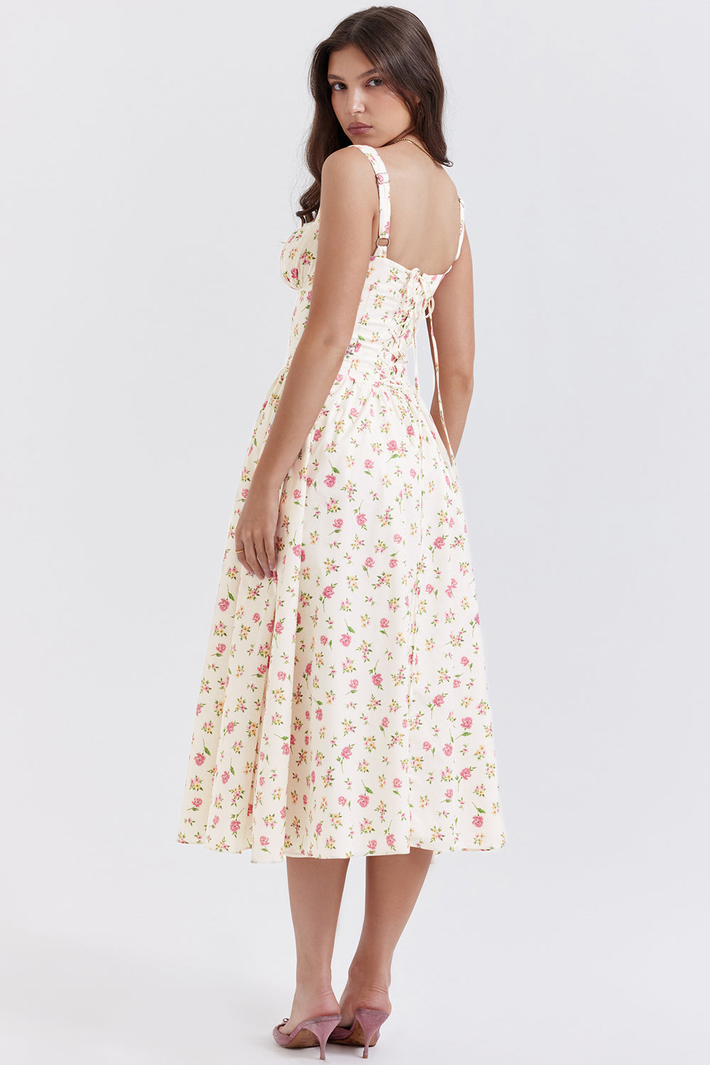 Damen-Midikleid aus Viskose mit Blumenmuster und V-Ausschnitt