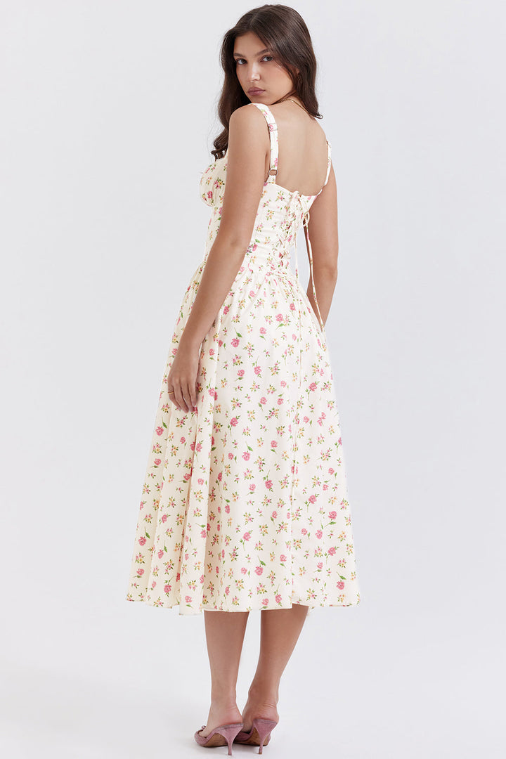 Damen-Midikleid aus Viskose mit Blumenmuster und V-Ausschnitt