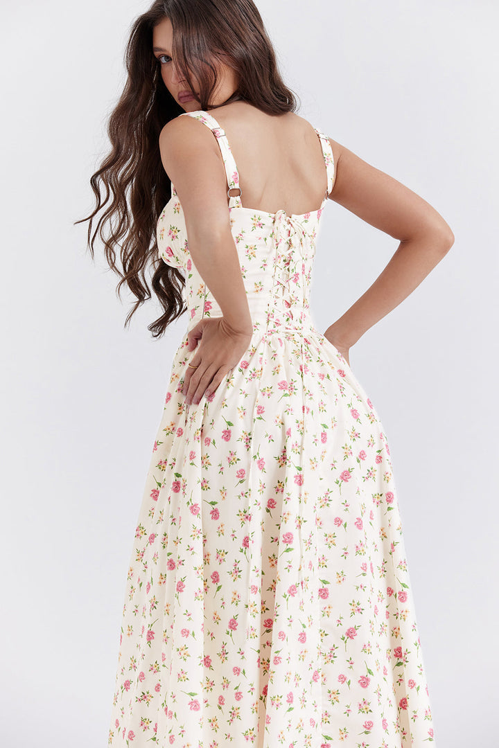 Damen-Midikleid aus Viskose mit Blumenmuster und V-Ausschnitt