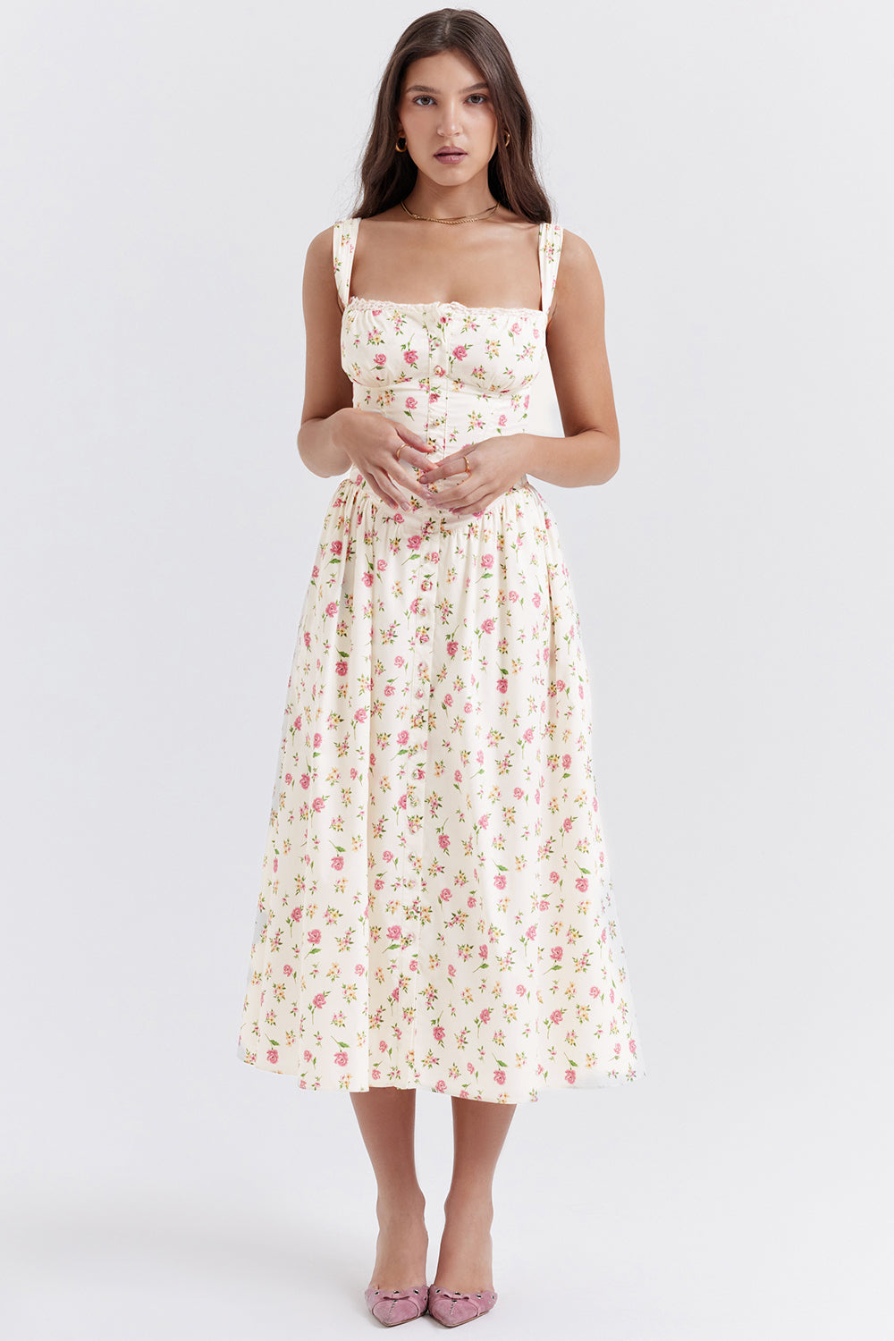 Damen-Midikleid aus Viskose mit Blumenmuster und V-Ausschnitt