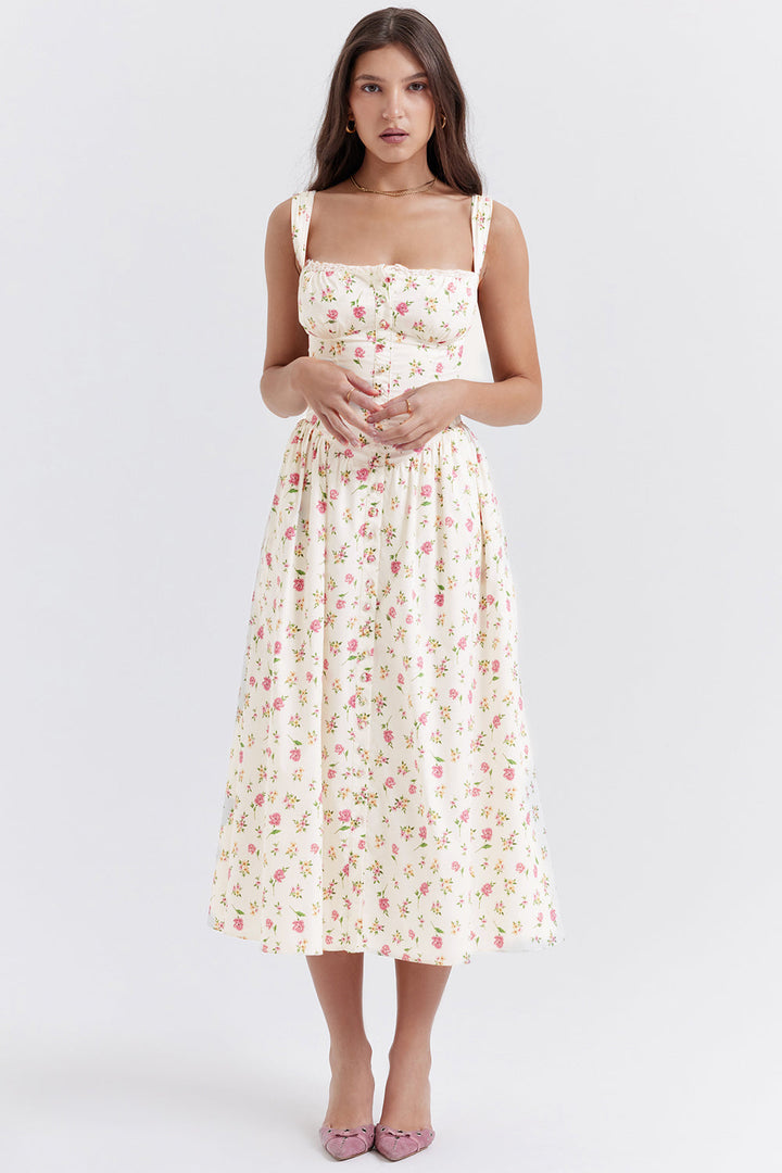 Damen-Midikleid aus Viskose mit Blumenmuster und V-Ausschnitt