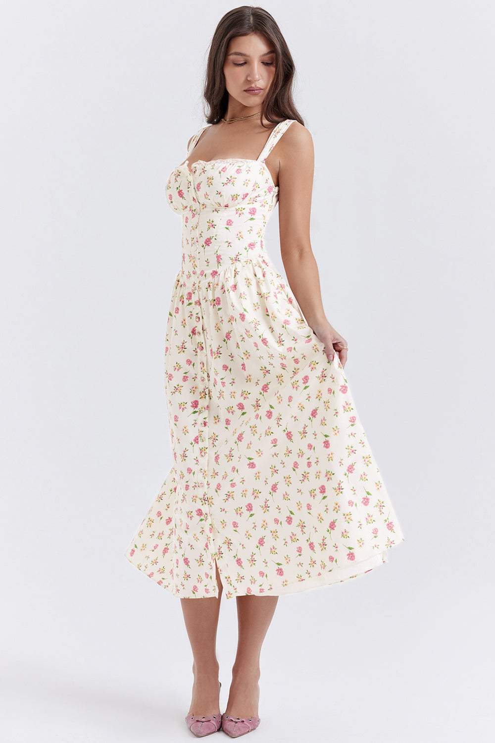 Damen-Midikleid aus Viskose mit Blumenmuster und V-Ausschnitt