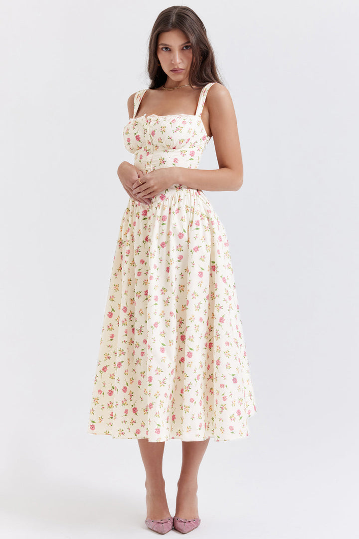 Damen-Midikleid aus Viskose mit Blumenmuster und V-Ausschnitt