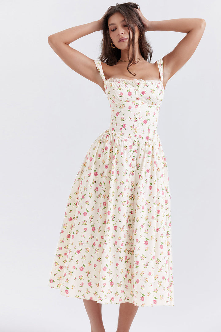 Damen-Midikleid aus Viskose mit Blumenmuster und V-Ausschnitt