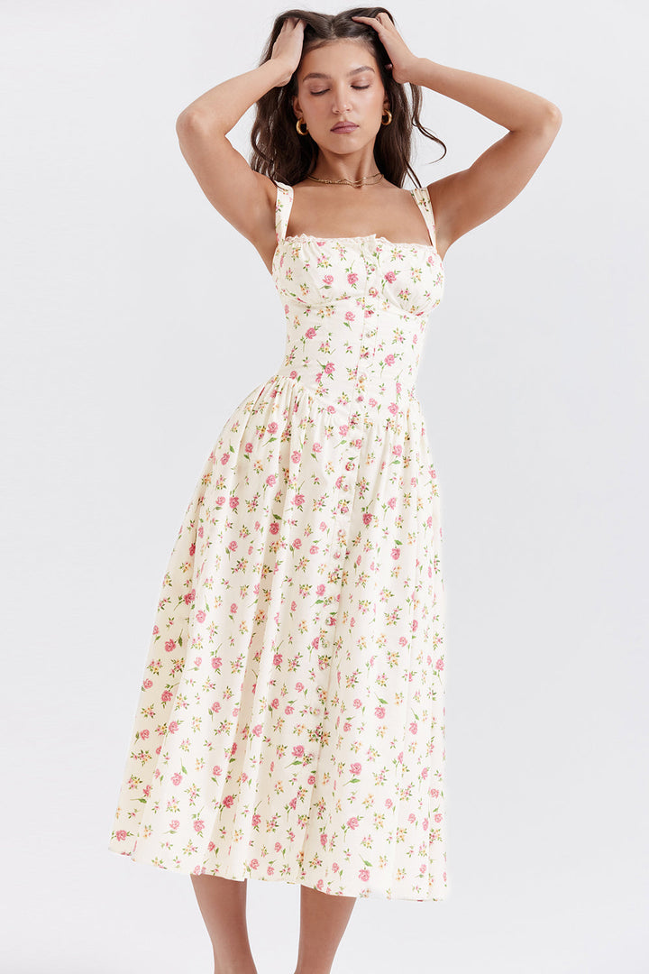 Damen-Midikleid aus Viskose mit Blumenmuster und V-Ausschnitt