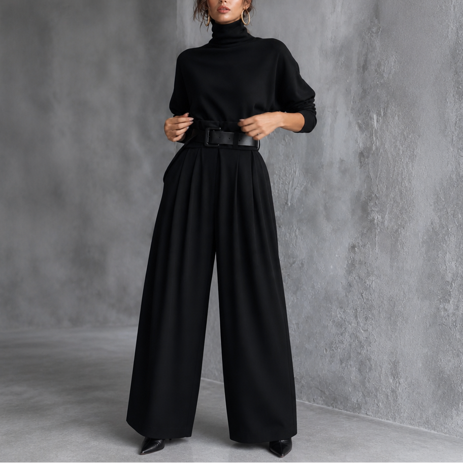 Damen Set Rollkragen Top Mit Hose Und Gürtel