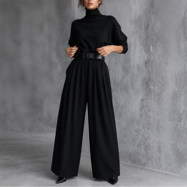 Damen Set Rollkragen Top Mit Hose Und Gürtel