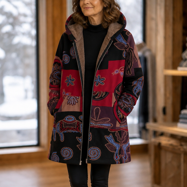 Damen Winterjacke Mit Blattmuster Und Kapuze
