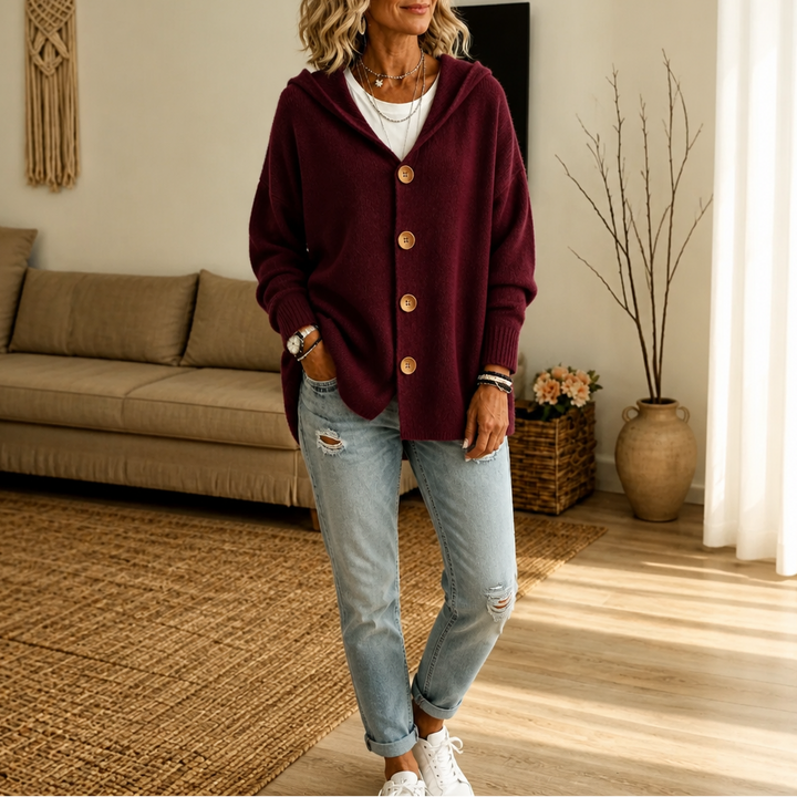 Damen Waffelstrick Cardigan Mit Kapuze Und Knopfleiste