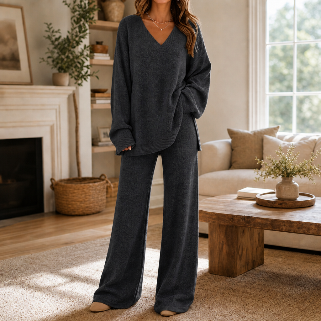 Damen Set V-Ausschnitt Pullover Und Weite Hose