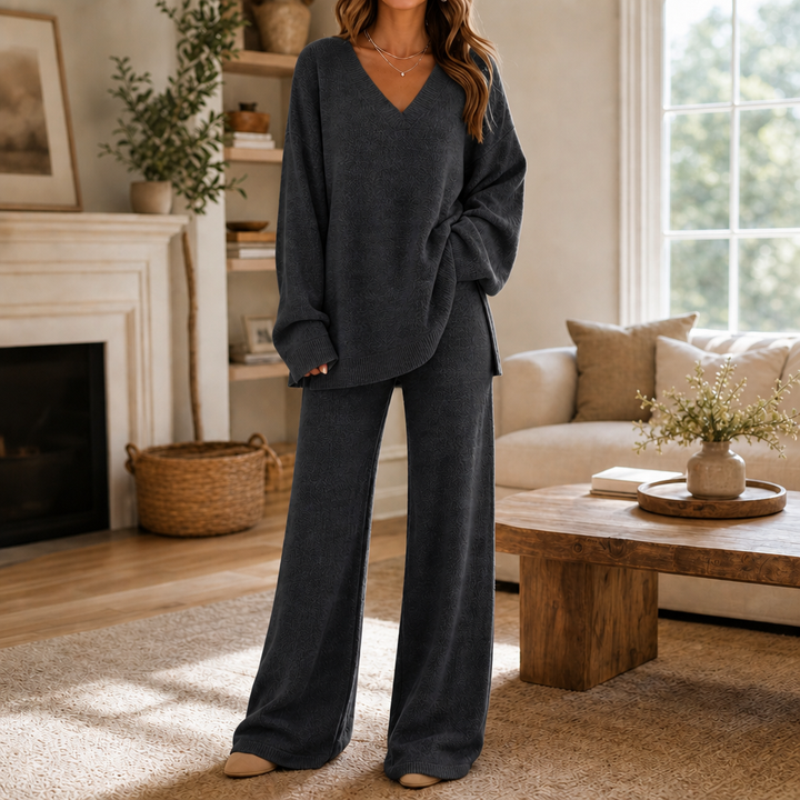 Damen Set V-Ausschnitt Pullover Und Weite Hose