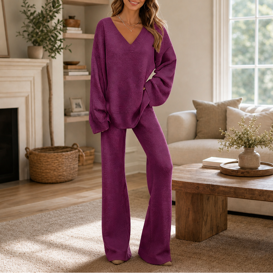 Damen Set V-Ausschnitt Pullover Und Weite Hose