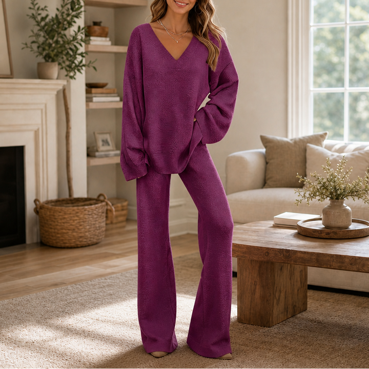 Damen Set V-Ausschnitt Pullover Und Weite Hose