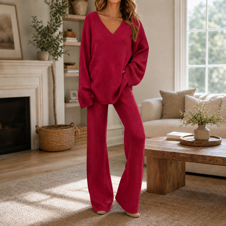 Damen Set V-Ausschnitt Pullover Und Weite Hose