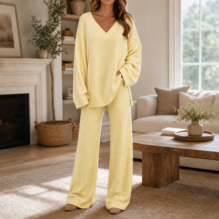 Damen Set V-Ausschnitt Pullover Und Weite Hose