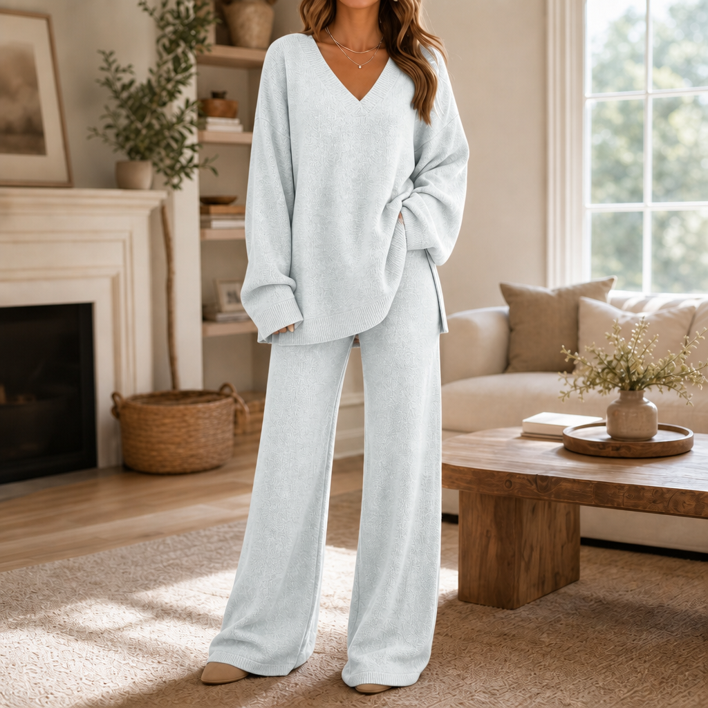 Damen Set V-Ausschnitt Pullover Und Weite Hose