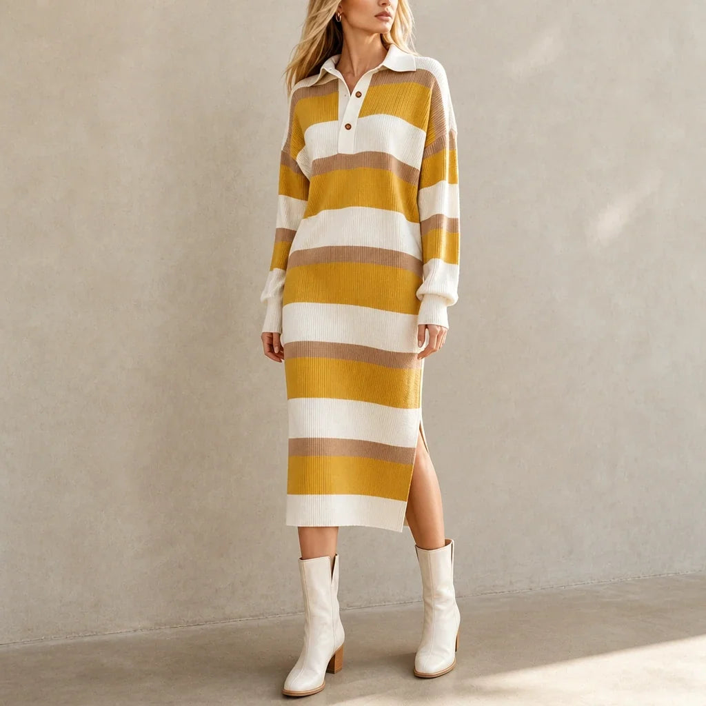 Strickkleid mit Polokragen und Streifen