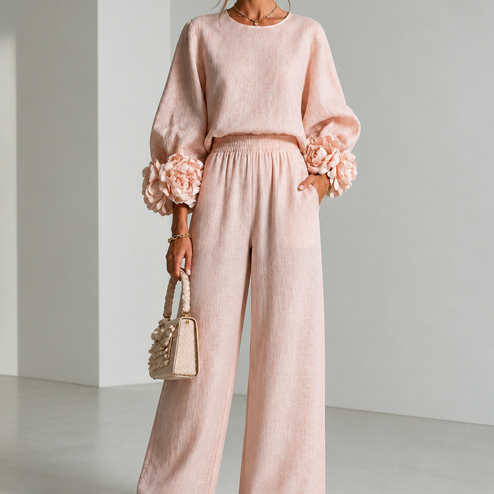 Damen Set Zweiteilig Weites Bein Mit Blumen Manschette
