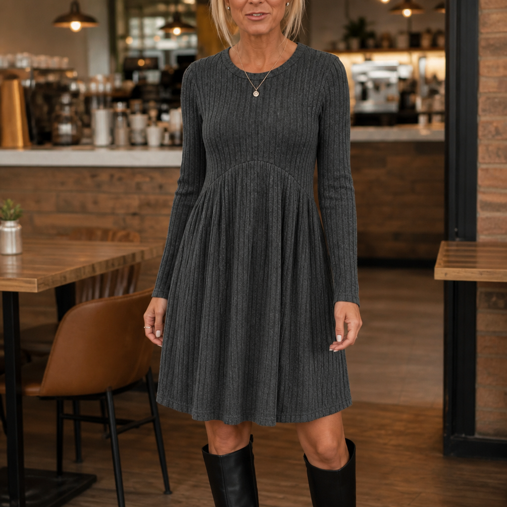 Damen Midikleid Rippstrick A-Linie Hohe Taille