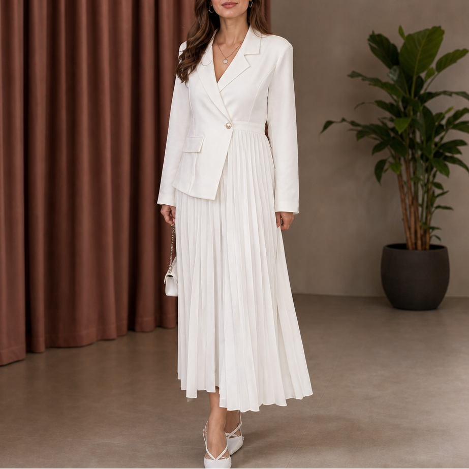 Damen Midikleid Mit Falten Und Knopfleiste
