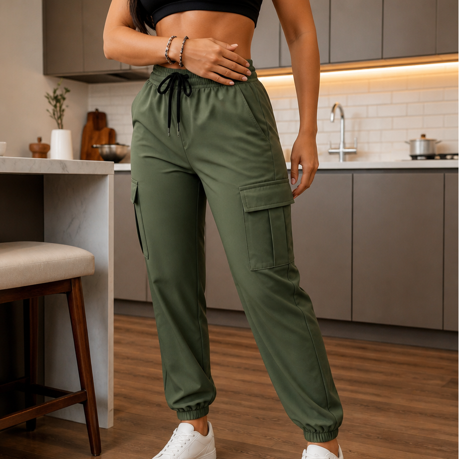 Damen Cargo Jogger Hohe Taille Weites Bein