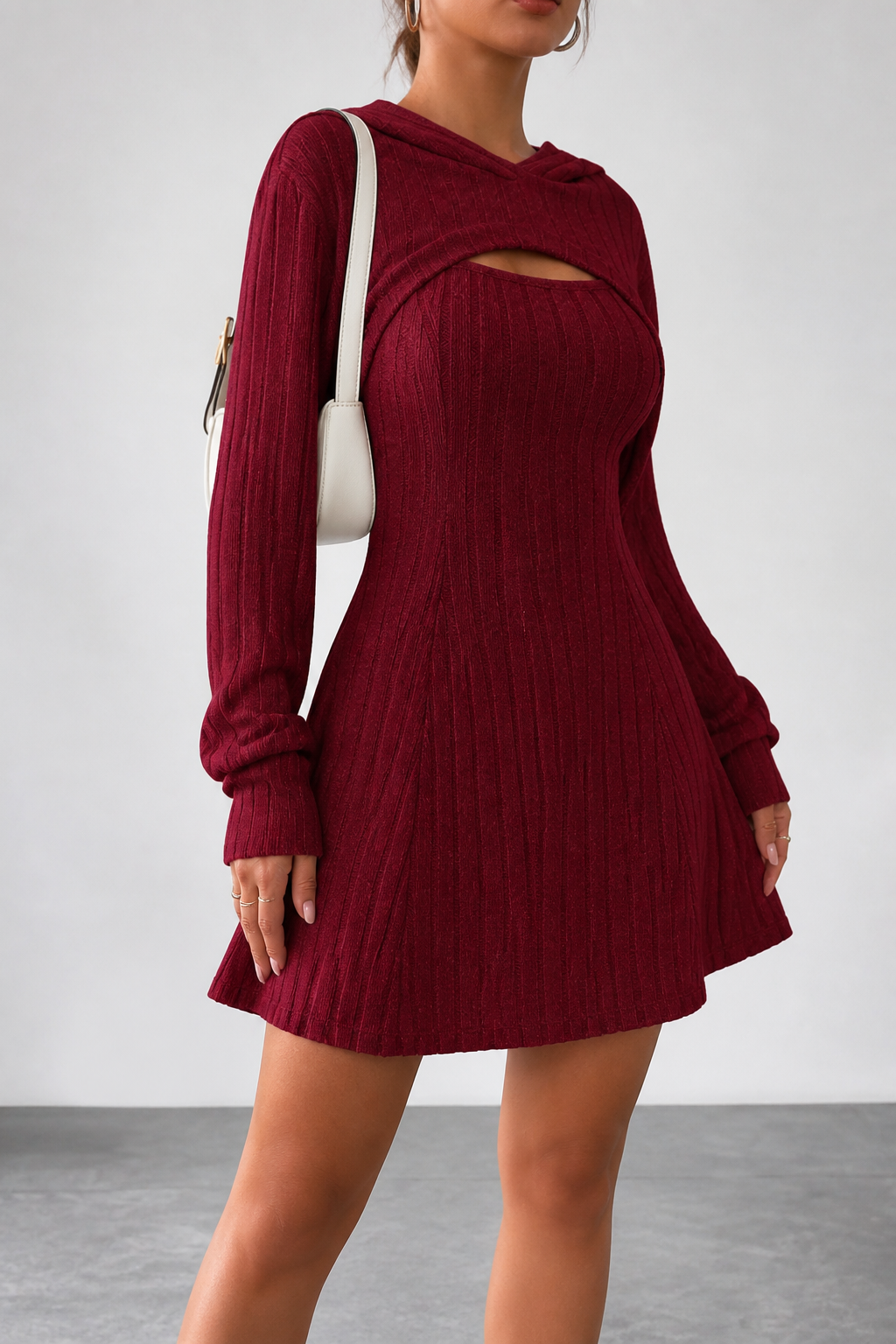 Damen Set Bolero Mit Kapuze Und Rippstrick Minikleid