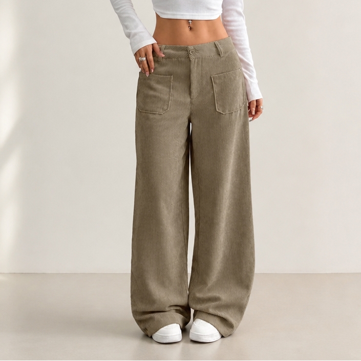 Damen Cordhose Hohe Taille Weites Bein Stretch