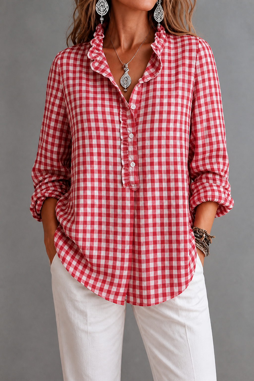 Damen Karo Bluse Mit Rüschenkragen