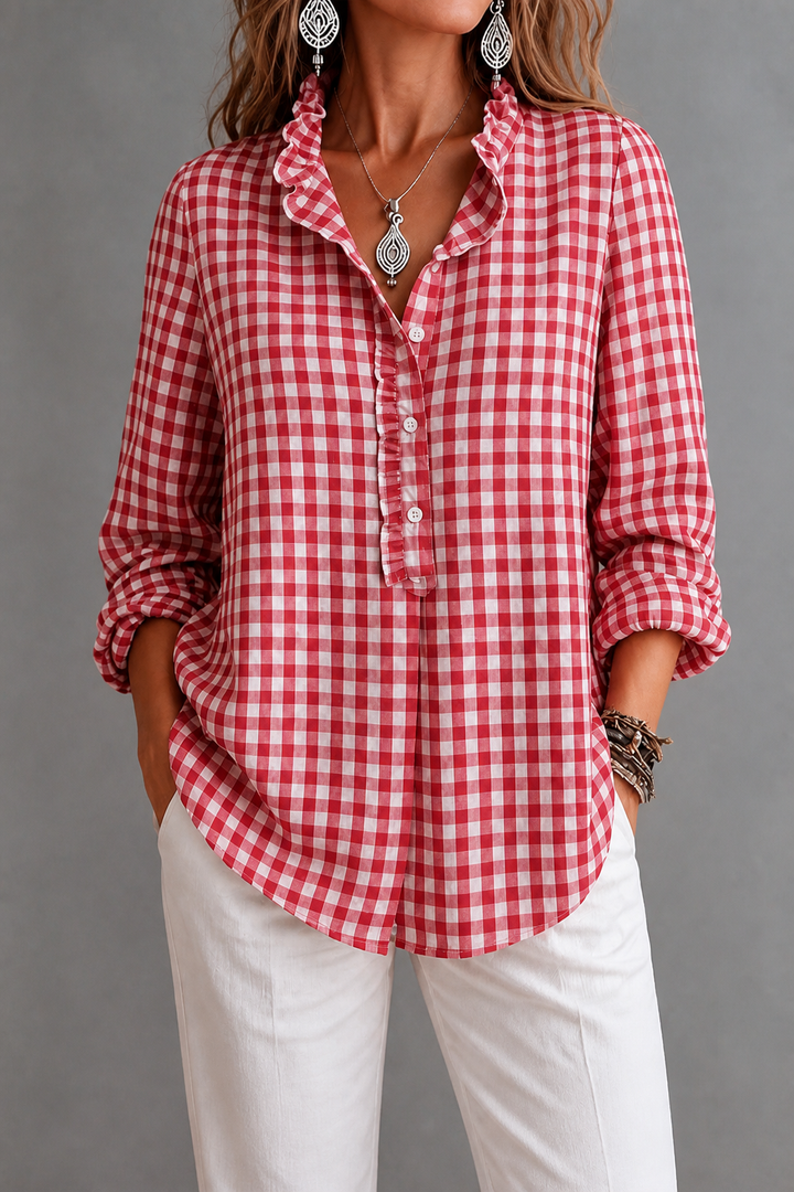 Damen Karo Bluse Mit Rüschenkragen