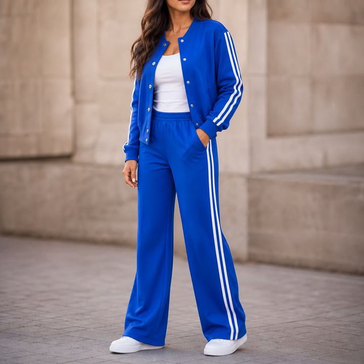 Damen Loungewear Zweiteiler Hohe Taille Kontraststreifen Weites Bein