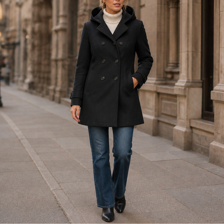 Damen Doppelreihiger Peacoat Mit Kapuze