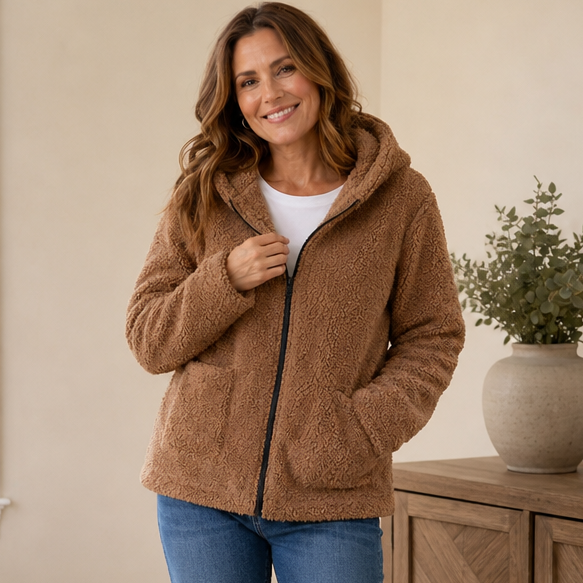 Damen Plüschfleece Jacke Mit Kapuze