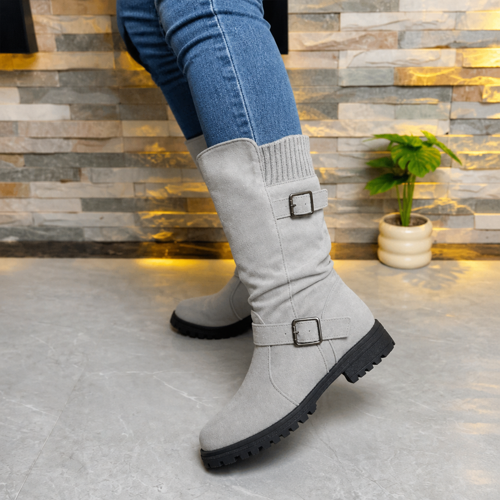 Damen Slouch Stiefel Mit Grober Sohle Und Gerippter Manschette