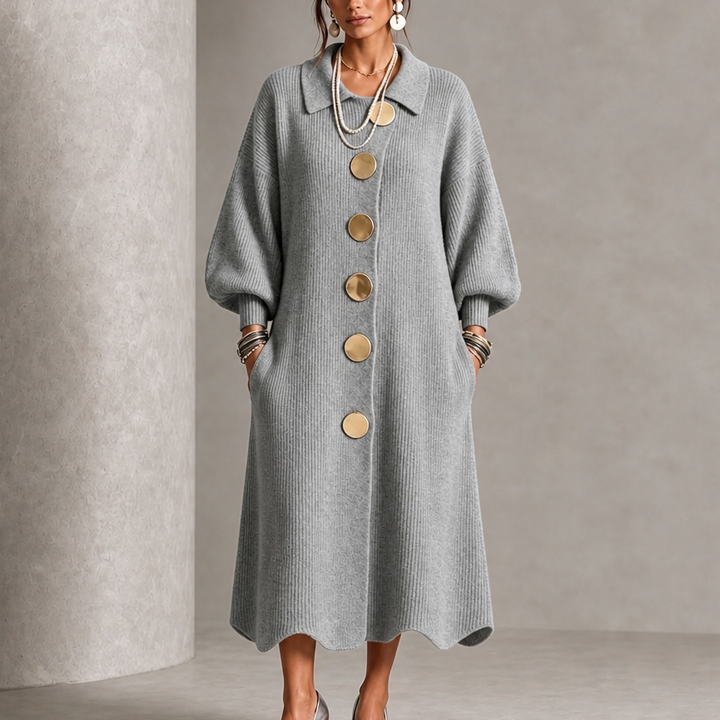 Damen Rippstrick Maxikleid Mit Laternenärmeln Und Goldenen Knöpfen