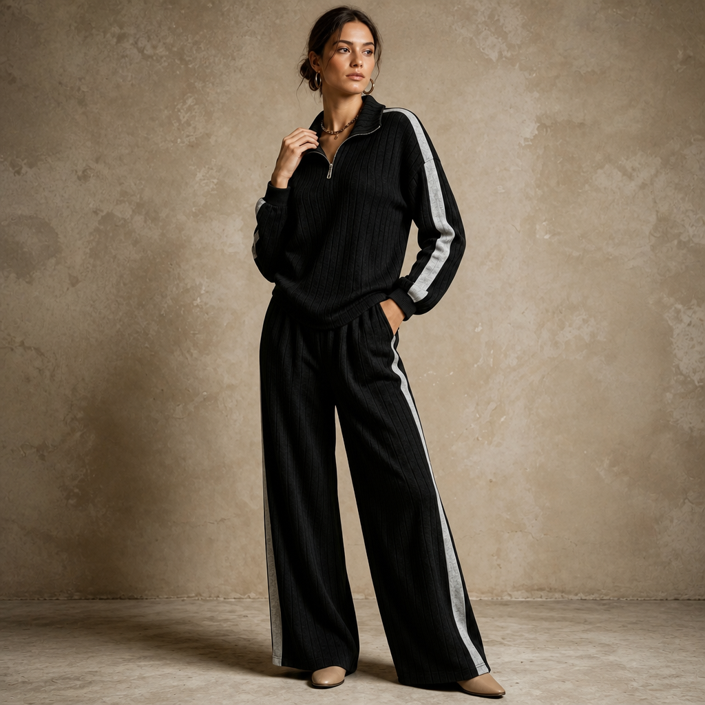 Damen Loungewear-Set geripptes Oberteil mit Halbreißverschluss und weiter Hose
