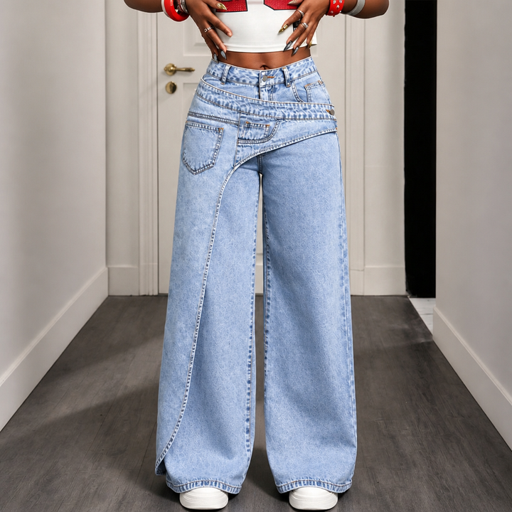 Damen Weite Jeans Mit Asymmetrischem Taillenbund