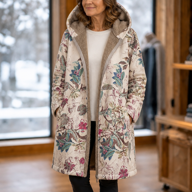 Damen Winterjacke Mit Blattmuster Und Kapuze
