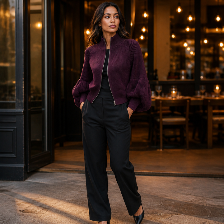 Damen Strickjacke Mit Reißverschluss Und Laternenärmeln